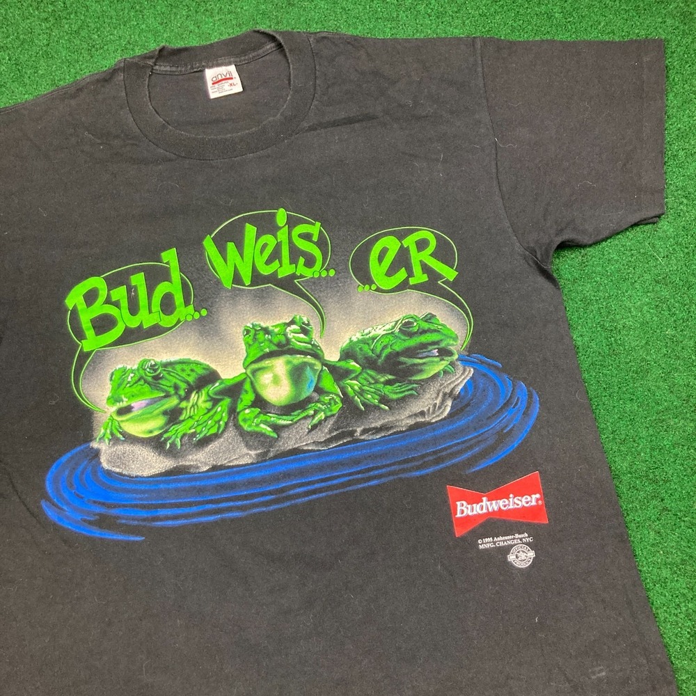 Vintage Budweiser‎ Shirt Mens XL Black 1995 Frog Big Print Beer Logo Promo 90s
